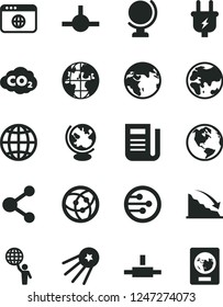 Solid Black Vector Icon Set - globe vector, earth, planet, plug, carbon dyoxide, connection, recession, newspaper, network, browser, connect, man hold world, first satellite, passport
