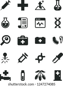 Solid Black Vector Icon Set - first aid kit vector, plus, bag of a paramedic, temperature, cardiogram, goji berry, round flask, mercury thermometer, research article, test tube, dna, bactery
