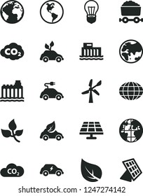 Solid Black Vector Icon Set - sign of the planet vector, solar panel, leaves, leaf, wind energy, Earth, bulb, hydroelectric station, hydroelectricity, eco car, environmentally friendly transport