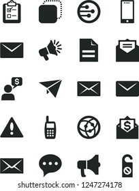 Solid Black Vector Icon Set - warning vector, envelope, scribbled paper, received letter, speech, smartphone, survey, megaphone, copy, loudspeaker, mobile phone, network, mail, plane, money, dialog