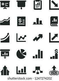 Solid Black Vector Icon Set - growth up vector, graph, chart, negative, bar, statistical report, hierarchical scheme, article on the dollar, pie charts, book statistics, presentation, financial