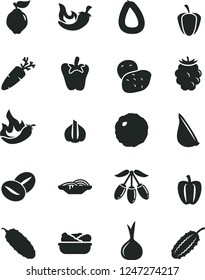 Solid Black Vector Icon Set - stick of sausage vector, slices onion, lettuce in a plate, cabbage, cucumber, chili, peper, garlic, carrot, coffee beans, quince, blackberry, goji berry, Bell pepper