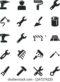 Solid Black Vector Icon Set - paint roller vector, repair key, building trowel, small tools, cordless drill, hand saw, spatula, paving slab, road fence, hammer, builder, pipes, welding, gas, steel