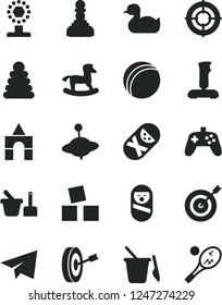 Solid Black Vector Icon Set - paper airplane vector, rubber duck, bath ball, stacking rings, roly poly doll, tumbler, toy sand set, children's, yule, small rocking horse, cubes for children, cup