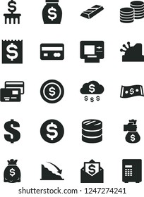 Solid Black Vector Icon Set - dollar vector, cards, coins, reverse side of a bank card, column, recession, financial item, money, dollars, cashbox, gold bar, bag hand, rain, coin, mail, atm, safe