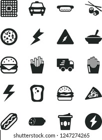 Solid Black Vector Icon Set - lightning vector, car, sausage, pizza, piece of, Hot Dog, mini, big burger, a bowl buckwheat porridge, French fries, fried potato slices, Chinese chopsticks, sandwich