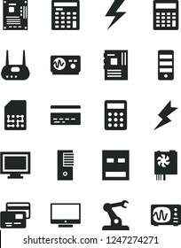 Solid Black Vector Icon Set - lightning vector, monitor window, bank card, calculator, screen, cards, assembly robot, SIM, engineer, pc power supply, tower, motherboard, usb, router, oscilloscope