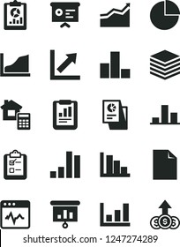 Solid Black Vector Icon Set - clean sheet of paper vector, pie chart, bar, growth, positive histogram, estimate, cardiogram, pile, survey, statistical report, overview, research, presentation, graph