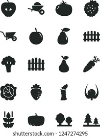 Solid Black Vector Icon Set - garden trolley vector, building, fence, hedge, tomato, carrot, strawberries, pear, mint, squash, tasty apple, raspberry, plum, physalis, stub, broccoli, pumpkin, trees