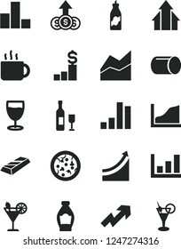 Solid Black Vector Icon Set - growth up vector, bar chart, line, pizza, cup of tea, cocktail, glass, bottle, liquor, pipe, graph, arrows, gold, dollar pedestal, wine