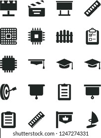 Solid Black Vector Icon Set - movie cracker vector, hedge, survey, square academic hat, processor, vintage sign, billboard with illumination, cpu, memory, graduate, clipboard, presentation board