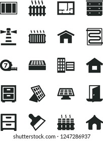Solid Black Vector Icon Set - bedside table vector, chest of drawers, dwelling, window frame, long meashuring tape, lay out flat, city block, brick, putty knife, heating coil, radiator, home