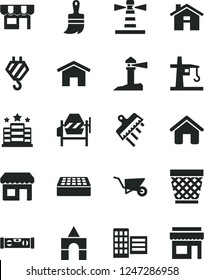 Solid Black Vector Icon Set - house vector, wicker pot, box of bricks, hook, building trolley, concrete mixer, wooden paint brush, level, city block, brick, spatula, home, kiosk, tower crane, hotel