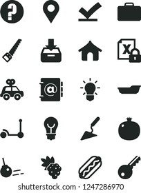 Solid Black Vector Icon Set - question vector, bath, motor vehicle present, Kick scooter, building trowel, arm saw, core, bulb, address book, put in a box, Hot Dog, pomegranate, grape, location, key