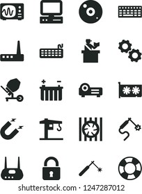 Solid Black Vector Icon Set - crane vector, concrete mixer, lock, battery, magnet, welding, gas, computer, radiator fan, keyboard, gpu card, router, cd, projector, gears, oscilloscope, lifebuoy