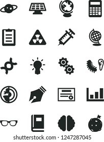 Solid Black Vector Icon Set - glasses vector, nuclear, dna, bulb, brain, gears, bactery, book, globe, clipboard, calculator, growth graph, earth core, sun panel, saturn, syringe, patente, ink pen