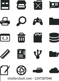 Solid Black Vector Icon Set - notes vector, canister, motherboard, memory, pc card, usb, printer, scanner, network, folder, trash bin, coding, lan connector, magnifier, joystick, sd, big data, cloud