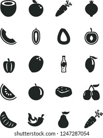 Solid Black Vector Icon Set - stick of sausage vector, piece meat, chili, carrot, bottle soda, medlar, tasty cornels, slice melon, water, mango, tangerine, half cherry, sweet date fruit, coconut