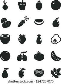 Solid Black Vector Icon Set - cabbage vector, tomato, peper, beet, fried egg, orange, strawberry, rose hip, tasty cornels, slice of tangerine, lemon, tamarillo, guava, piece coconut, half, ripe
