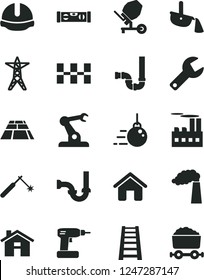 Solid Black Vector Icon Set - house vector, repair key, big core, concrete mixer, cordless drill, stepladder, siphon, sewerage, building level, ceramic tiles, construction helmet, paving slab