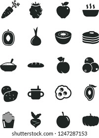 Solid Black Vector Icon Set - mug for feeding vector, loaf, a bowl of rice porridge, hot, fried potato slices, omelette, pancakes, peach, red apple, blackberry, blueberries, half mango, tasty, kiwi