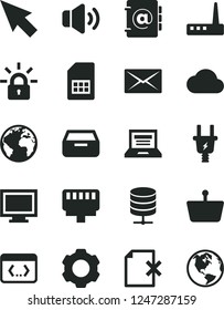 Solid Black Vector Icon Set - sign of the planet vector, laptop, monitor window, big data server, volume, address book, drawer, delete page, electric plug, SIM card, shopping basket, router, coding