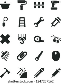 Solid Black Vector Icon Set - paint roller vector, graphite pencil, cross, winch hook, cordless drill, arm saw, long meashuring tape, stepladder, ceramic tiles, plummet, spatula, hammer with claw