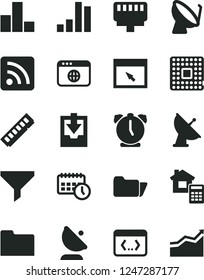 Solid Black Vector Icon Set - rss feed vector, bar chart, download archive data, estimate, alarm clock, processor, satellite dish, antenna, filter, agenda, memory, browser, folder, coding