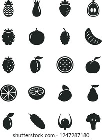 Solid Black Vector Icon Set - cucumber vector, ripe peach, raspberry, rose hip, blackberry, tasty, mulberry, slice of tangerine, half loquat, plum, yellow lemon, passion fruit, sour lime, pineapple