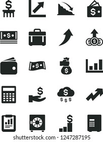 Solid Black Vector Icon Set - growth up vector, calculator, chart, case, strongbox, recession, statistical report, get a wage, wallet, cash, dollar, graph, money bag hand, arrow, rain, pedestal