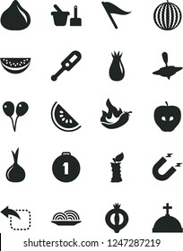 Solid Black Vector Icon Set - wind direction indicator vector, electronic thermometer e, toy sand set, small yule, colored air balloons, move left, onion, tasty apple, rose hip, fig, half of medlar