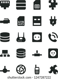 Solid Black Vector Icon Set - Puzzle vector, power socket type b, f, big data, phone call, plug, SIM card, scheme, mobile, usb, router, network, connect, lan connector, satellite