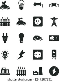 Solid Black Vector Icon Set - power socket type b vector, f, lightning, radiator, boiler, bulb, light, hydroelectric station, line, electric plug, thermal plant, environmentally friendly transport