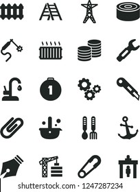 Solid Black Vector Icon Set - safety pin vector, iron fork spoons, tower crane, ladder, stationery knife, new radiator, kitchen faucet, anchor, coins, clip, canned goods, power line, gas welding