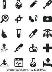Solid Black Vector Icon Set - plus vector, electronic thermometer e, mercury, bag of a paramedic, temperature, cardiogram, garlic, goji berry, round flask, test tube, dna, bactery, pipette, syringe