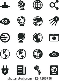 Solid Black Vector Icon Set - Sign Of The Planet Vector, Globe, Earth, Plug, CO2, Carbon Dyoxide, Connections, Newspaper, Network, Browser, Connect, Man Hold World, First Satellite, Passport