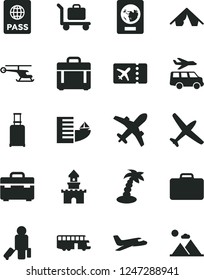 Solid Black Vector Icon Set - suitcase vector, case, passport, sand castle, helicopter, plane, bus, passenger, rolling, ticket, hotel, tent, palm tree, baggage, transfer, mountains