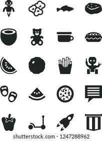 Solid Black Vector Icon Set - image of thought vector, children's potty, teddy bear, Kick scooter, shoes for little children, pizza, apple pie, cabbage, piece meat, peper, French fries, popcorn