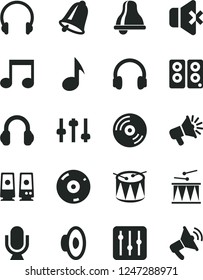 Solid Black Vector Icon Set - bell vector, loudspeaker, drumroll, drum, headphones, microphone, CD, regulator, no sound, pc speaker, note, settings