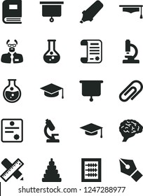 Solid Black Vector Icon Set - clip vector, new abacus, stacking toy, writing accessories, square academic hat, round flask, text highlighter, research article, microscope, brain, book, scientist
