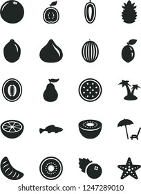 Solid Black Vector Icon Set - small fish vector, blueberries, fig, melon, half, slice of tangerine, sweet date fruit, lime, kiwi, passion, sour, guawa, ripe pineapple, grapefruit, guava, palm tree