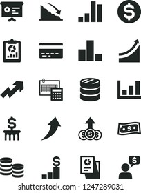 Solid Black Vector Icon Set - bank card vector, growth up, bar chart, calculation, coins, column of, recession, statistical overview, dollar, research, financial report, graph, arrow, pedestal