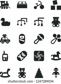 Solid Black Vector Icon Set - toys over the cradle vector, cot, beanbag, baby rattle, rubber duck, stacking toy, motor vehicle present, roly poly doll, tumbler, mobile phone, teddy bear, small