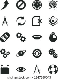Solid Black Vector Icon Set - prohibition vector, clock face, renewal, tumbler, eye, timer, delete page, plate, accumulator, gears, scribed compasses, Measuring, atom, saturn, aim, arrow up