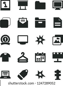 Solid Black Vector Icon Set - laptop vector, monitor window, calendar, scribbled paper, folder, received letter, picture, T shirt, hanger, label, copy, billboard with illumination, bang, photo