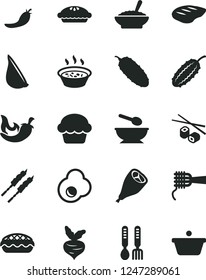 Solid Black Vector Icon Set - deep plate with a spoon vector, iron fork spoons, noodles, cake, pie, apple, bowl of buckwheat porridge, in saucepan, grill chicken leg, chop, barbecue, cucumber, chili