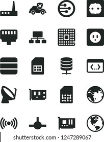 Solid Black Vector Icon Set - power socket type b vector, f, big data server, autopilot, processor, satellite dish, SIM card, scheme, pc, router, network, connect, coding, lan connector, wireless