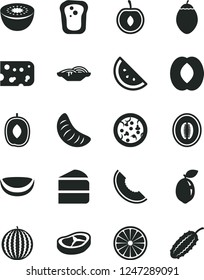 Solid Black Vector Icon Set - piece of cheese vector, pizza, slices onion, cake, bacon, orange slice, sandwich, water melon, delicious plum, half peach, tangerine, cherry, kiwi, tamarillo, sour lime