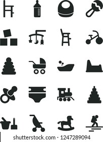Solid Black Vector Icon Set - toys over the cradle vector, dummy, measuring bottle for feeding, diaper, baby bib, beanbag, carriage, summer stroller, children's bathroom, stacking rings, toy, a