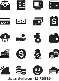 Solid Black Vector Icon Set - bank card vector, purse, cards, coins, dollar, article on the, financial item, catch a coin, wallet, cash machine, cashbox, money bag hand, rain, eyes, mail, atm